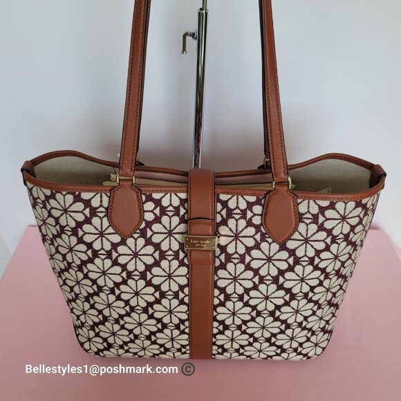 KATE SPADE Spade-Flower Jacquard and Leather Medium Open Tote- Burgundy Multi⭐ - Picture 5 of 16
